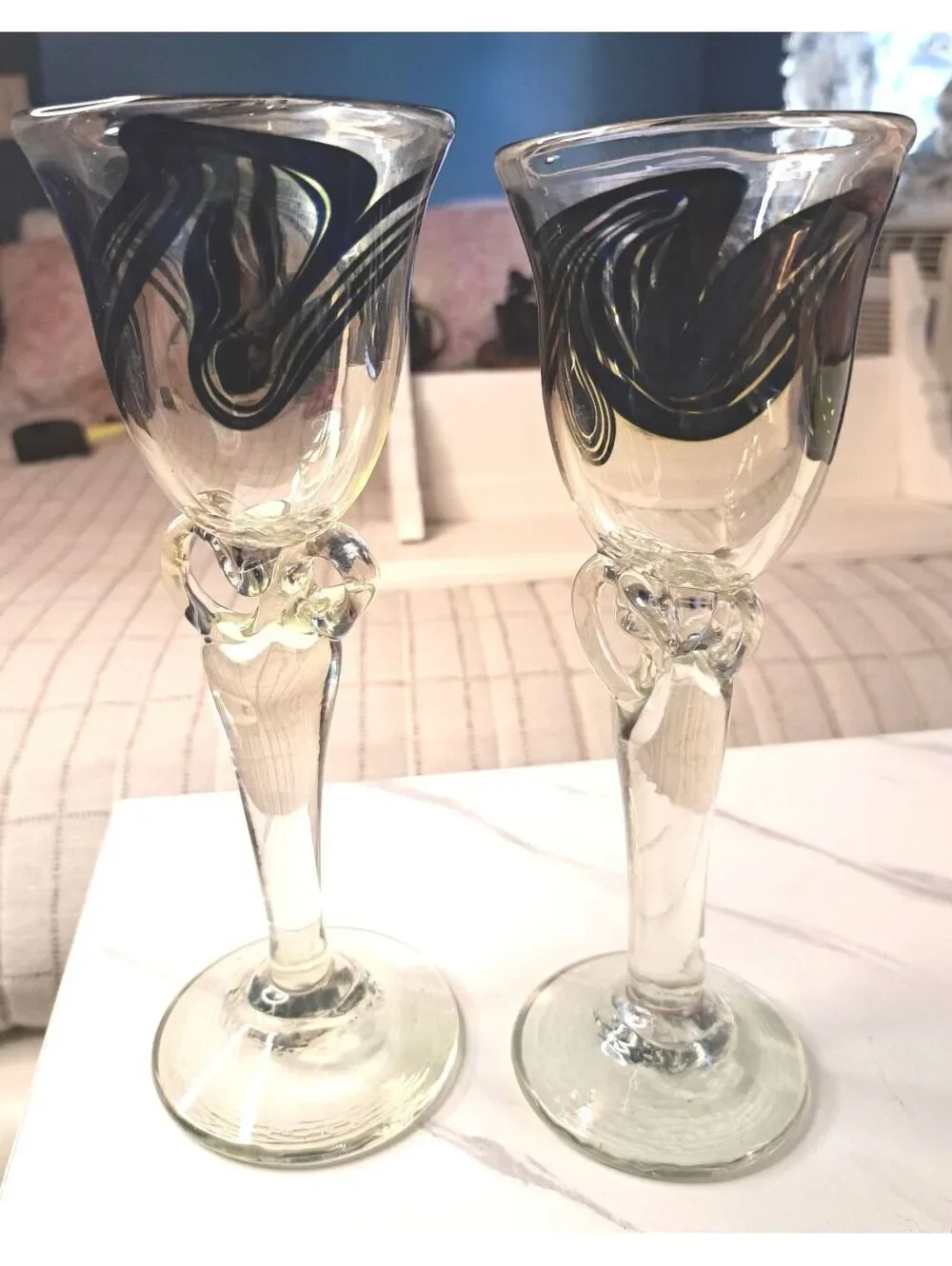 Vtg 1976 Set of Robert Doring Signed Hand-Blown Art Glass Candle Holders/Goblets